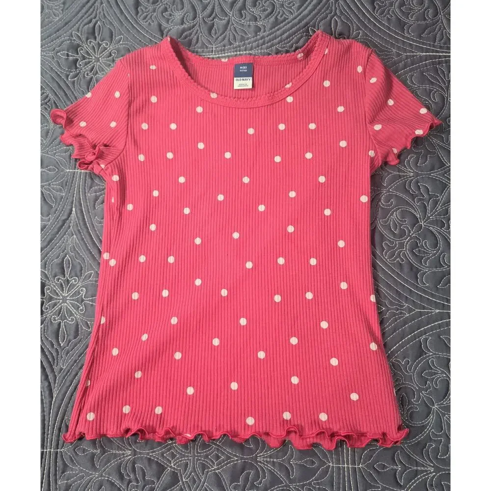 Old Navy Pink Polka Dot Ribbed Lettuce Hem Top Girls Size 8